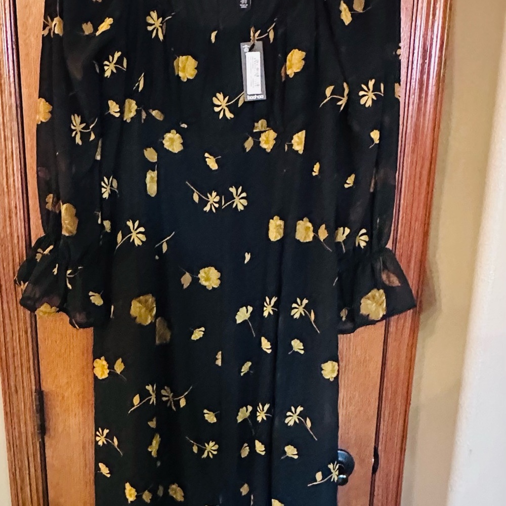 Boohoo Black Long-Sleeve Maxi Dress with Yellow Floral Print